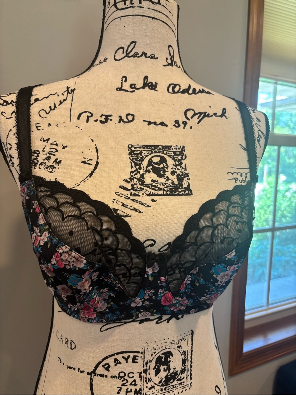 Floral Underwire Lace Balcony Bra - Black with Pink & Blue Floral Print